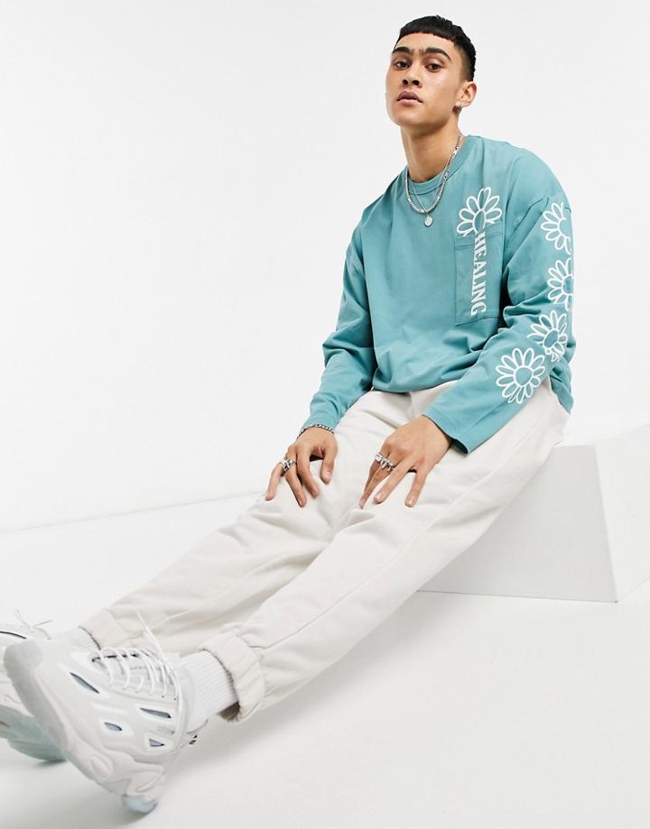 Asos Design Oversized Long Sleeve T-shirt In Blue With Sleeve Print-blues