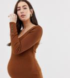 Asos Design Maternity Top With Scoop Neck And Long Sleeve With Buttons-brown
