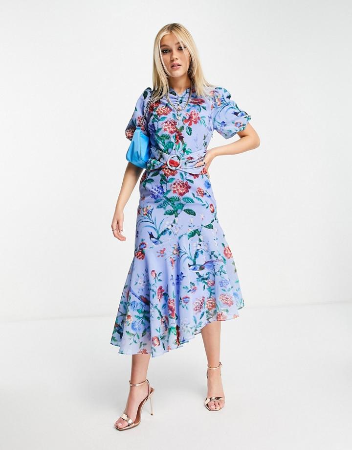 Hope & Ivy Puff Sleeve Asymmetric Belted Midi Dress With Poppy Print In Bright Blue-blues