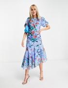Hope & Ivy Puff Sleeve Asymmetric Belted Midi Dress With Poppy Print In Bright Blue-blues
