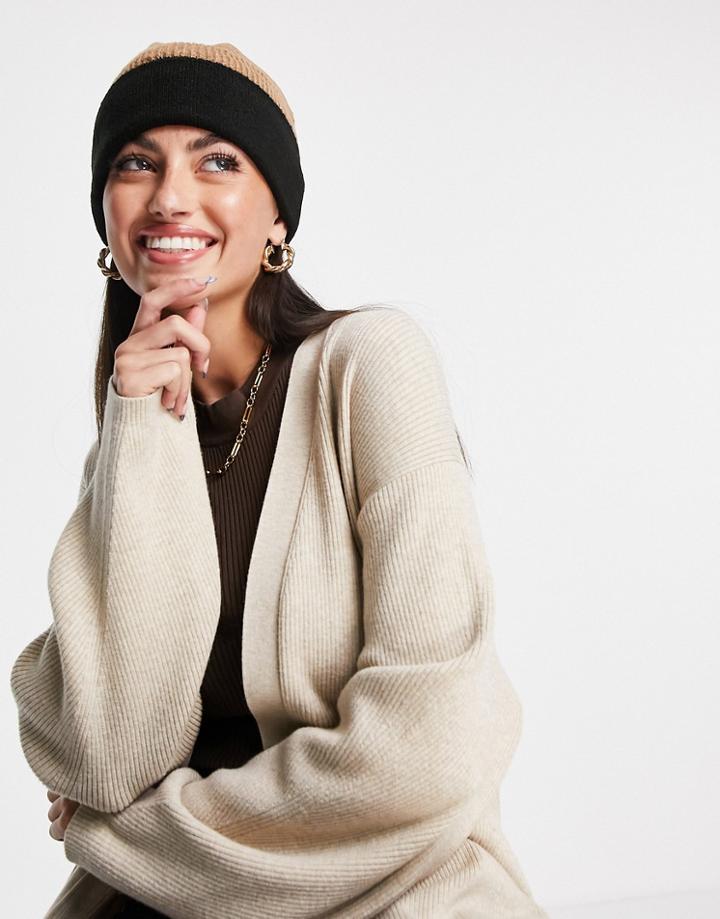 Asos Design Color Block Beanie In Camel And Black-multi