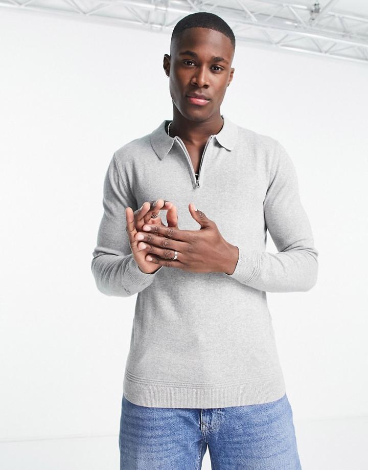 Topman Knitted Zip Polo In Light Gray