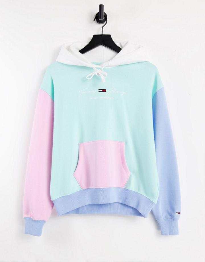 Tommy Jeans Pastel Collection Linear Logo Hoodie In Color Block-blues