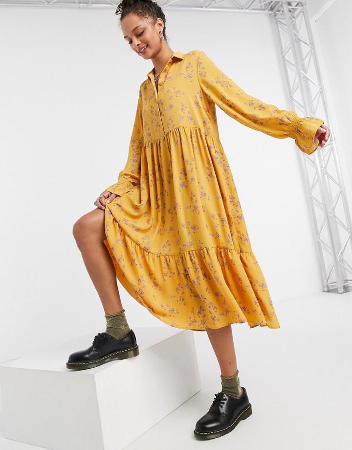 Monki Parly Recycled Midi Smock Dress In Yellow