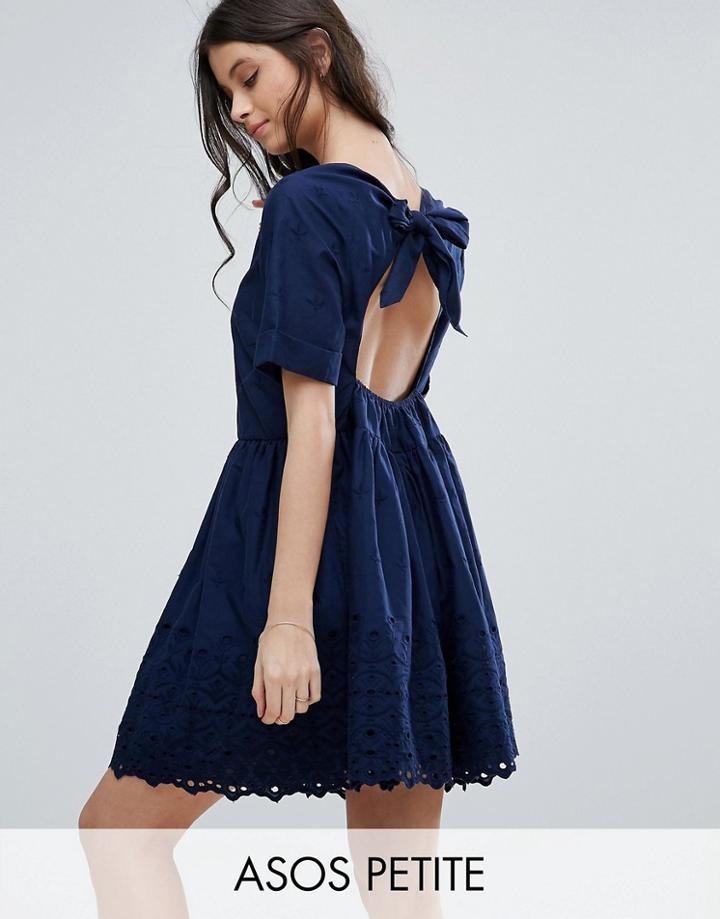 Asos Petite Broderie Smock Dress With Open Back Detail - Navy