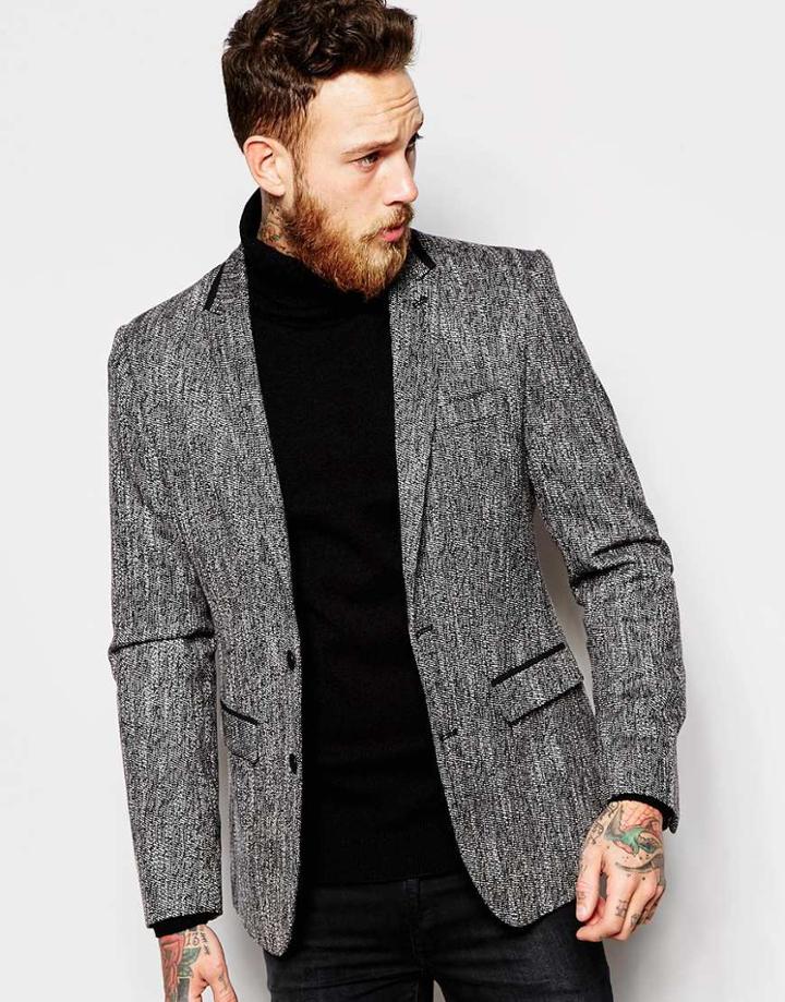 Asos Slim Suit Jacket In Textured Fabric In Black And White - Black
