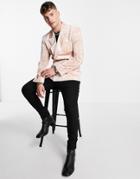 Asos Design Skinny Double Breasted Velvet Plisse Blazer In Rose Pink
