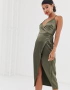 Asos Design Cami Midi Wrap Dress In Satin - Green
