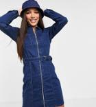 Only Tall Denim Mini Dress With Zip Through And Tie Waist In Dark Blue-blues