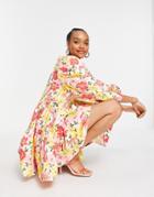 Y.a.s Organic Cotton Mini Dress With Exaggerated Sleeves In Bright Floral-multi