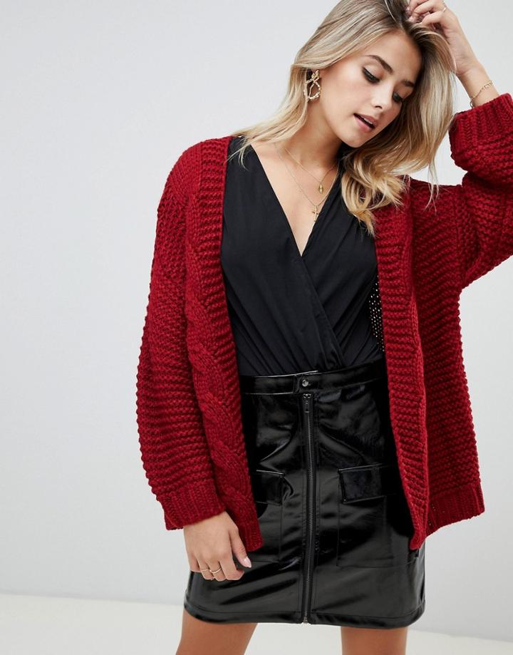 Prettylittlething Cable Knit Slouchy Cardigan In Red - Red