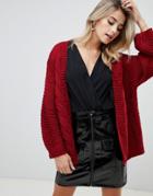 Prettylittlething Cable Knit Slouchy Cardigan In Red - Red