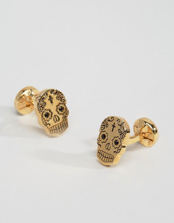 Noose & Monkey Gold Sugar Skull Cufflinks With Crystal Stone - Gold