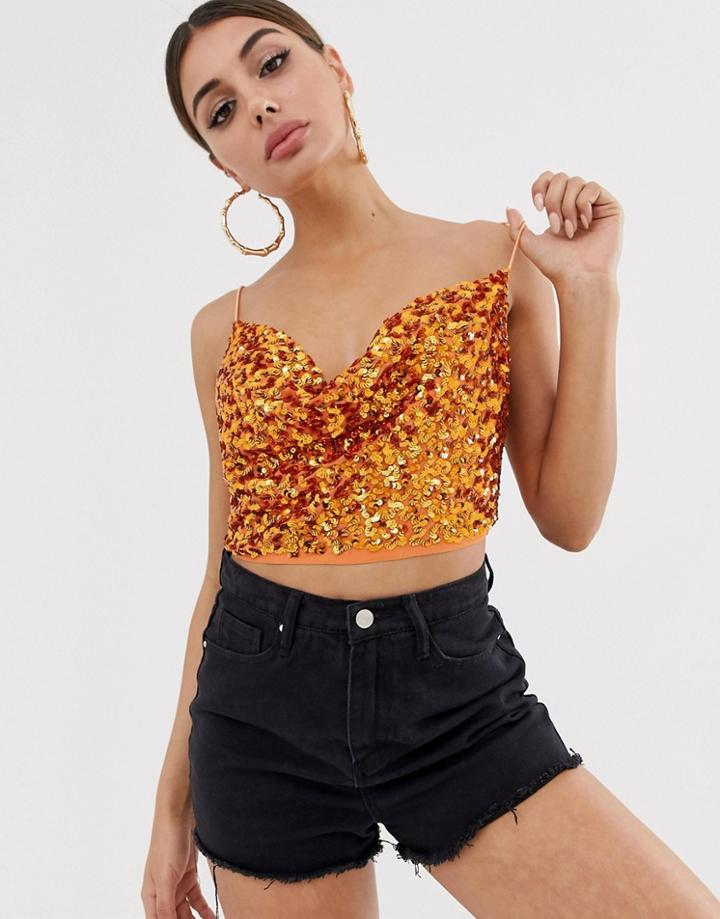 Asos Design Sequin Cowl Neck Cami - Orange