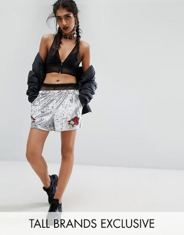Jaded London Tall Velvet Shorts With Panther Embroidery Co-ord - Gray
