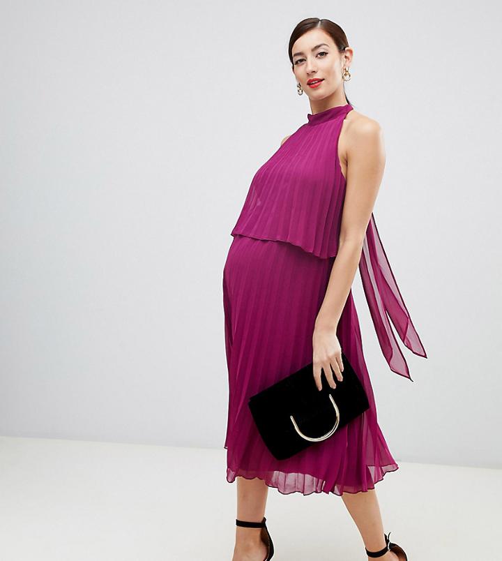 Asos Design Maternity Halter Tie Neck Midi Dress In Pleat-red