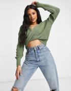 Fashionkilla Knitted Knot Front Cropped Sweater Set In Khaki-green