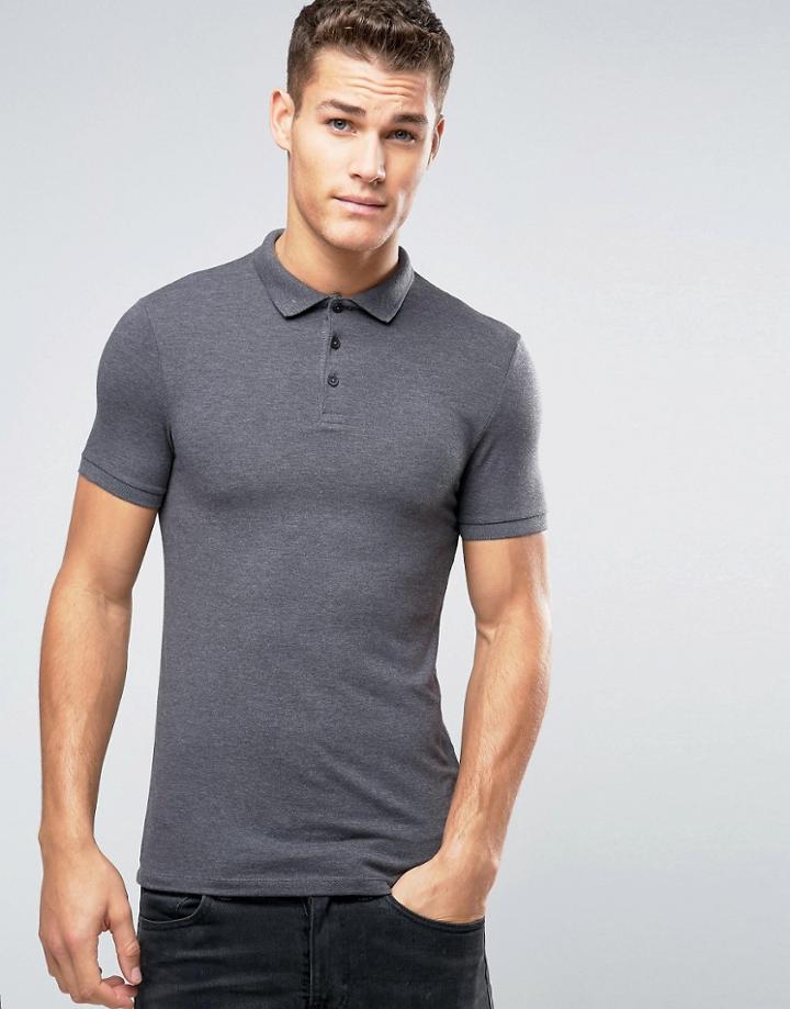Asos Extreme Muscle Polo Shirt In Charcoal Marl - Gray
