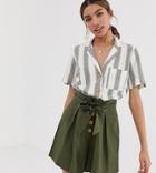 Miss Selfridge Linen Boxy Shirt With Pocket In Stripe - Green