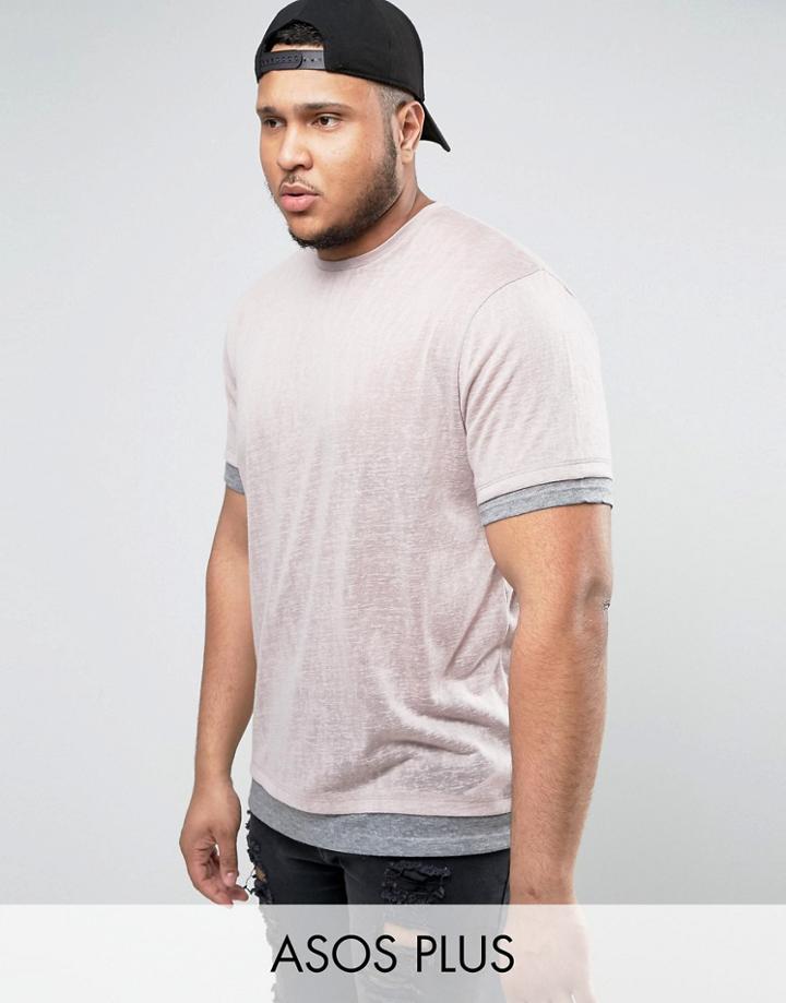 Asos Plus Longline T-shirt In Linen Look With Contrast Cuff And Hem Extender - Pink