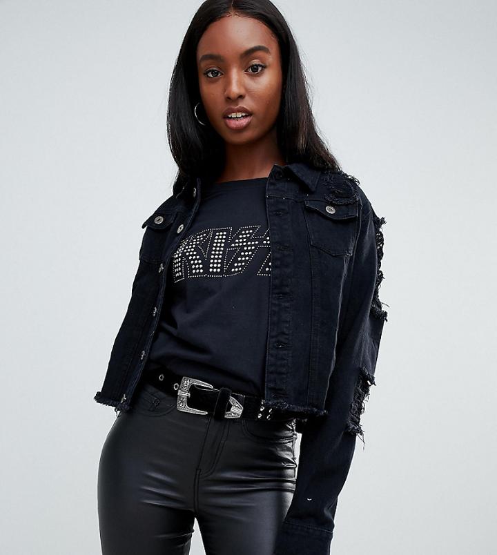 Liquor N Poker Tall Distressed Denim Jacket - Black