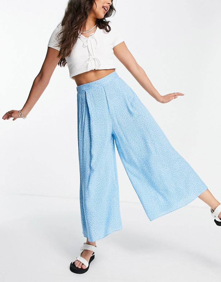 New Look 70s High Waist Wide Leg Pants In Blue Polka Dot-blues