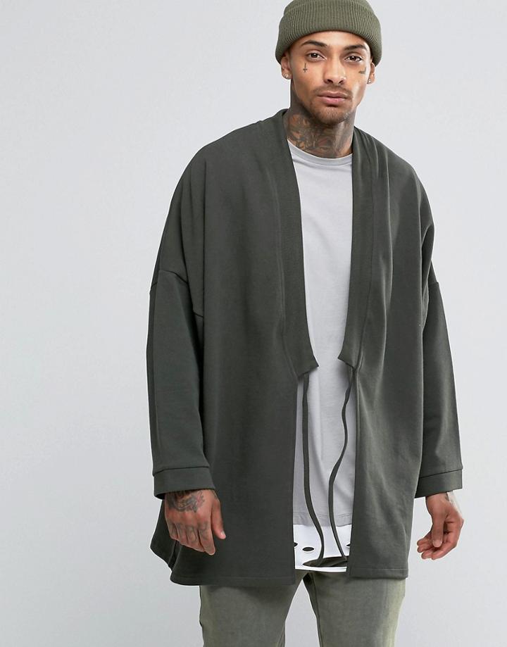 Asos Longline Kimono With Tie Front - Khaki