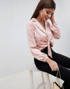 Asos Design Satin Tie Front Top With Collar - Pink