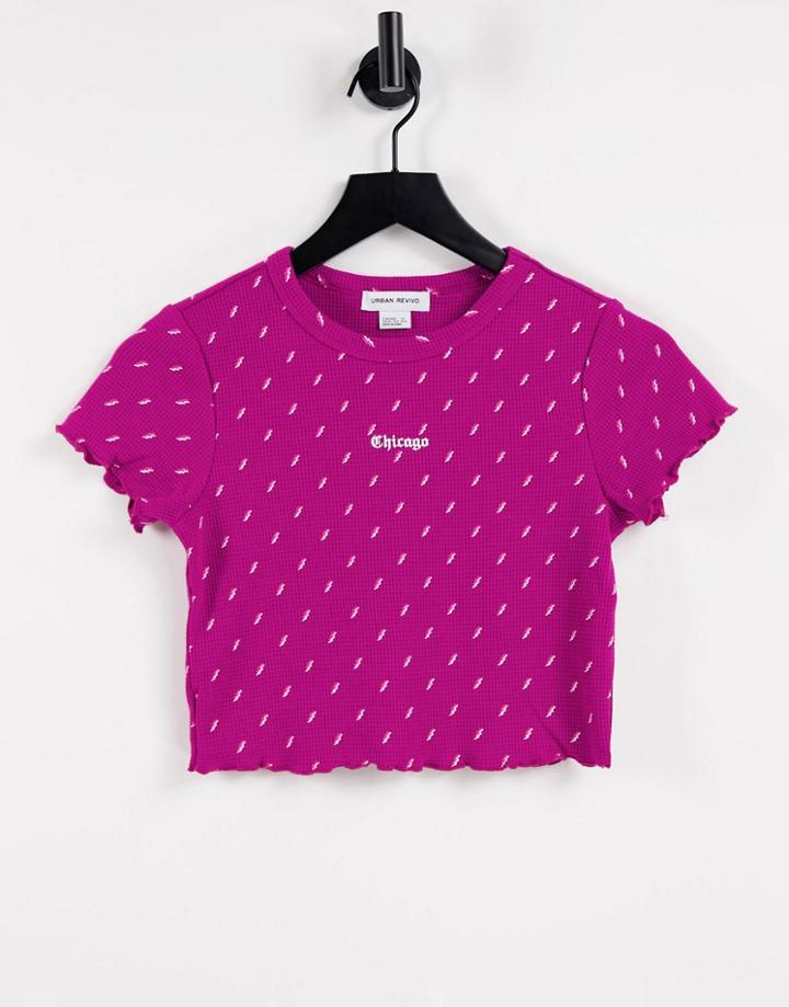 Urban Revivo Print Lettuce Edge Cropped Jersey Top In Pink-red