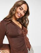 Stradivarius Slinky Shirt With Gathered Detail In Chocolate-brown