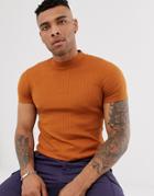 Asos Design Muscle Fit T-shirt With Turtleneck In Rib In Brown - Brown