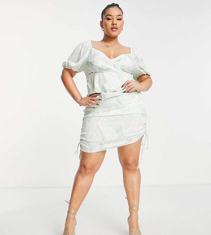 Missguided Plus Puff Sleeve Dress With Ruched Side In Light Green