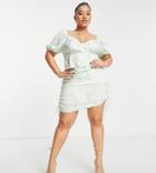 Missguided Plus Puff Sleeve Dress With Ruched Side In Light Green