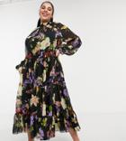 Asos Design Curve High Neck Tiered Maxi Dress In Bold Winter Floral-multi