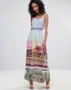 Uttam Boutique Scenic Print Maxi Dress With Tie Waist - Multi