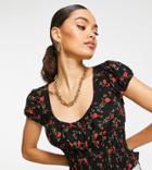 Topshop Petite Shirred Cap Sleeve Rose Print Tea Top In Black