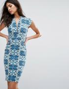 Vesper Printed Pencil Dress With Capped Sleeves - Green
