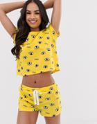 Loungeable Eye Print Pyjama Short Set In Yellow