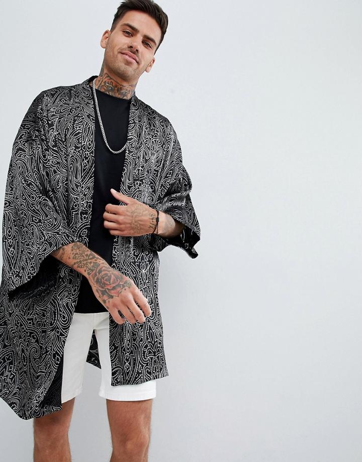 Asos Design Festival Kimono In Paisley Burnout Print In Gray - Gray