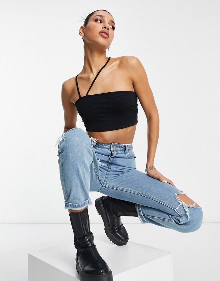 Asos Design Bandeau Crop Top With Asymmetric Strap Detail In Black