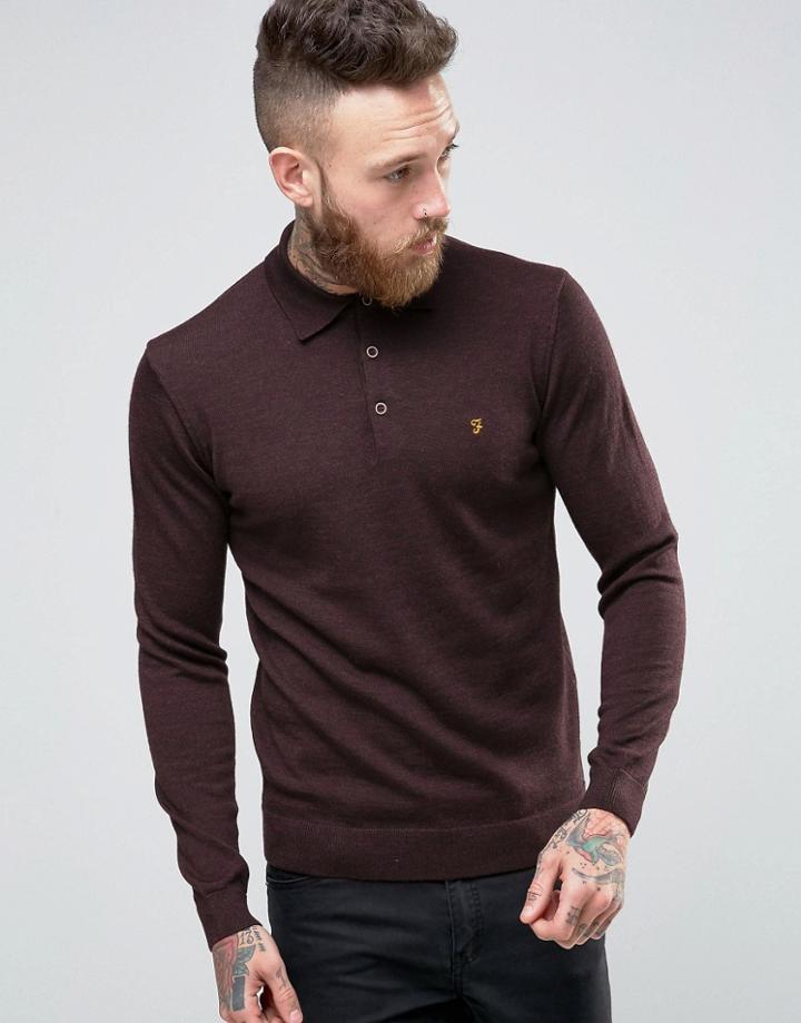 Farah Knitted Polo Shirt In Merino Wool Slim Fit Bordeaux - Red