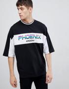 Asos Design Oversized T-shirt With Half Sleeve City Text And Tipped Rib - Black