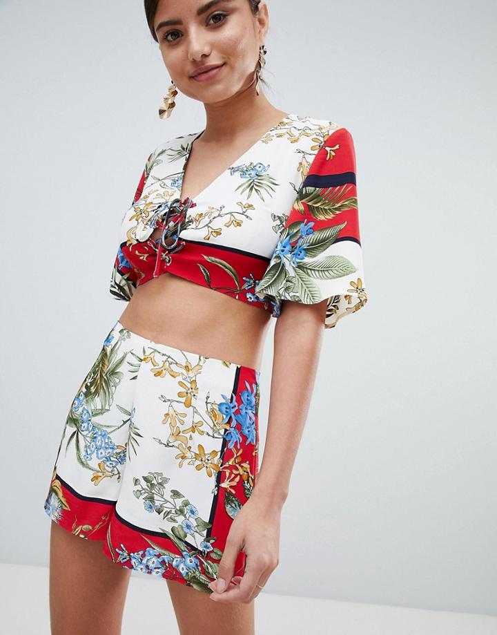 Missguided Tie Front Mixed Print Crop Top - Cream