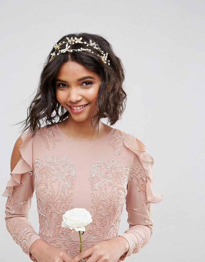 Johnny Loves Rosie Pearl & Dragonfly Double Row Headband - Gold