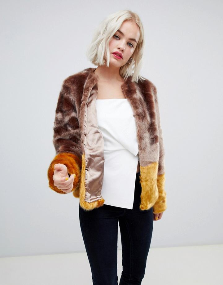 New Look Color Block Faux Fur Coat - Brown