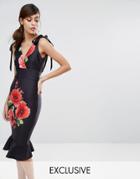 True Violet Midi Pencil Dress With Flueted Hem And Poppy Print - Multi