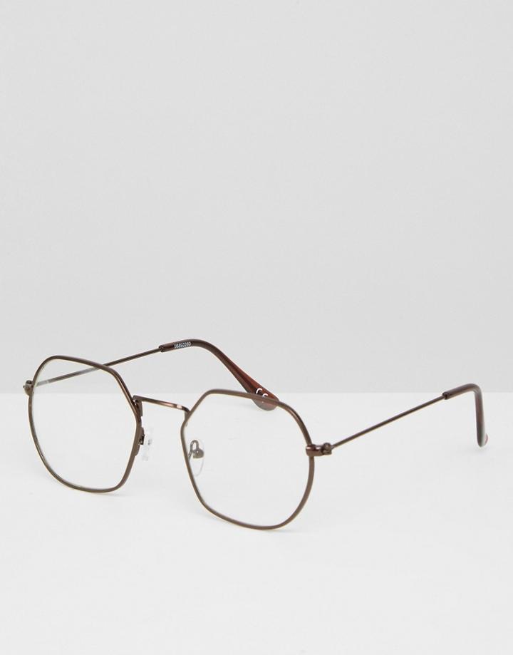 Asos Angled Round Clear Lens Glasses In Copper Metal - Copper