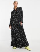 Asos Design Button Through Tiered Smock Maxi Dress In Black Based Ditsy Floral-multi