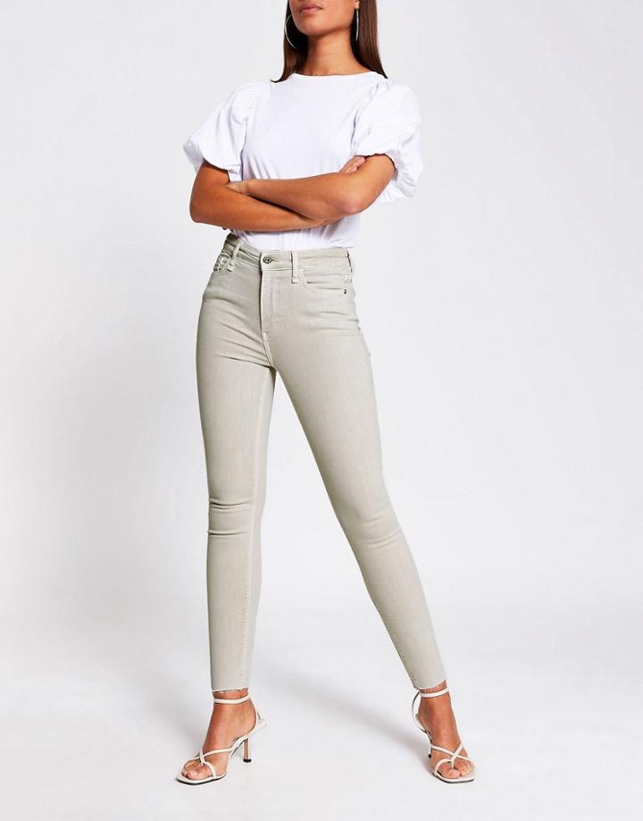 River Island High Rise Skinny Jeans In Beige-neutral
