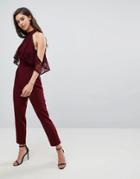 Asos High Neck Lace Top Jumpsuit With Contrast Binding-red